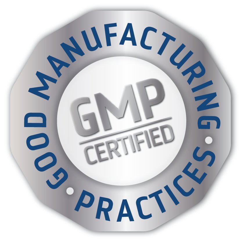 Silver and blue GMP Certified badge representing Good Manufacturing Practices for Keto Electrolyte Tablets - 90 Tablets.