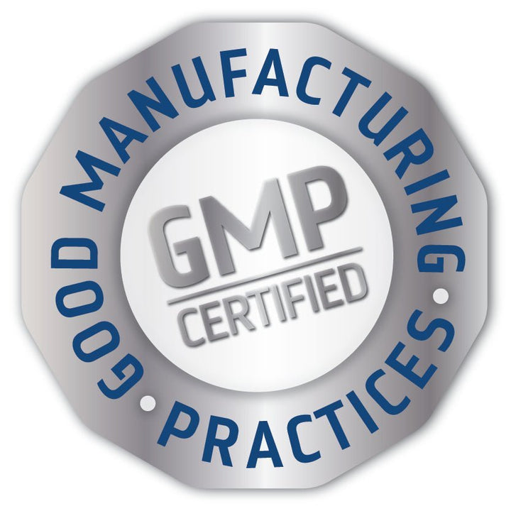 Silver and blue GMP Certified badge representing Good Manufacturing Practices for Keto Electrolyte Tablets - 90 Tablets.