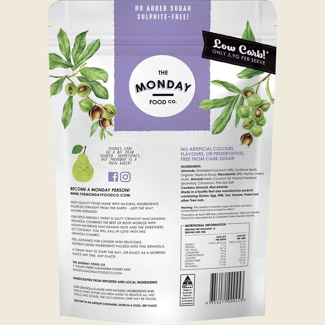 Keto Gourmet Granola - Sweet Crunchy Macadamia Clusters - 800g by The Monday Food Co, low carb and keto friendly granola pack.