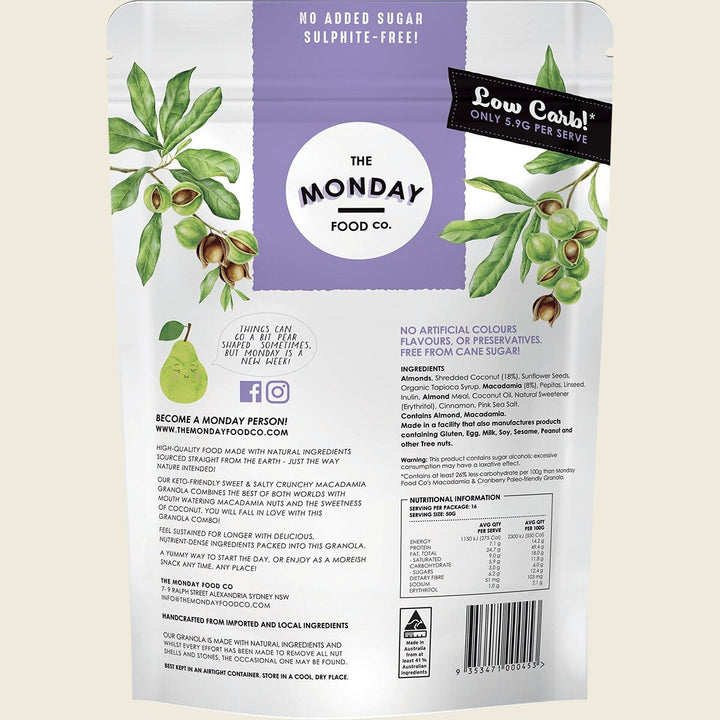 Keto Gourmet Granola - Sweet Crunchy Macadamia Clusters - 800g by The Monday Food Co, low carb and keto friendly granola pack.