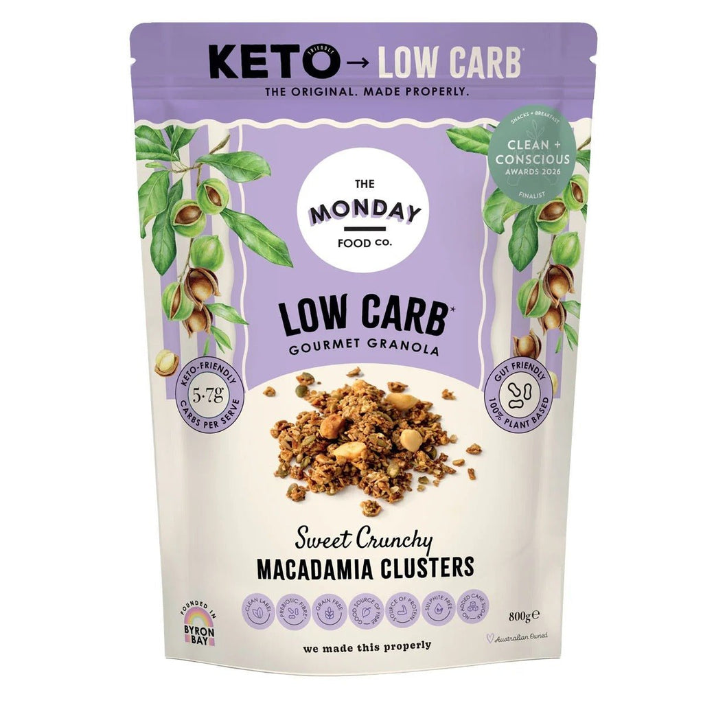 Front of The Monday Food Co Low Carb Gourmet Granola Sweet Crunchy Macadamia Clusters 800 g bag