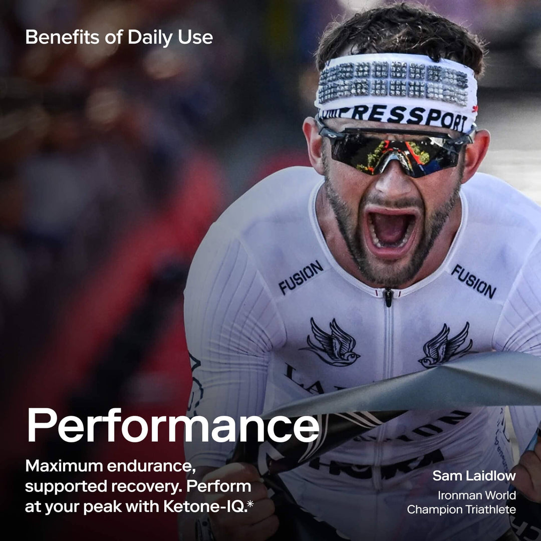 Ketone-IQ - Energy Shot - Peach - Caffeine Free - 59ml x 6 shown with Ironman athlete promoting endurance and recovery benefits by HVMN.