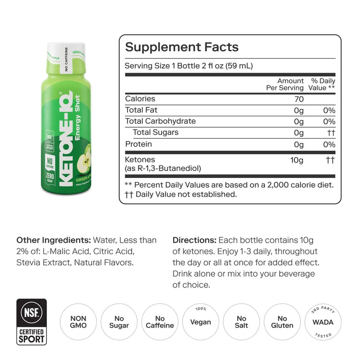 Ketone-IQ - Energy Shot - Green Apple - Caffeine Free - 59ml x 6 bottle with nutrition and ingredient details by HVMN.