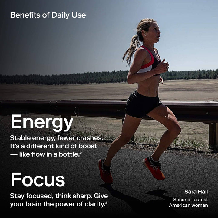 Woman running outdoors with text about benefits of daily use for Ketone-IQ - Energy Shot - Peach - Caffeine Free - 59ml x 6 by HVMN.