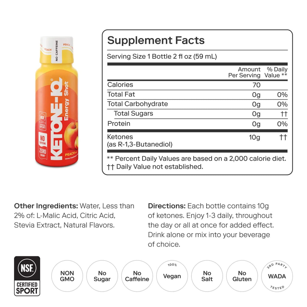 Front label of Ketone-IQ - Energy Shot - Peach - Caffeine Free - 59ml x 6 by HVMN with nutrition and supplement facts visible