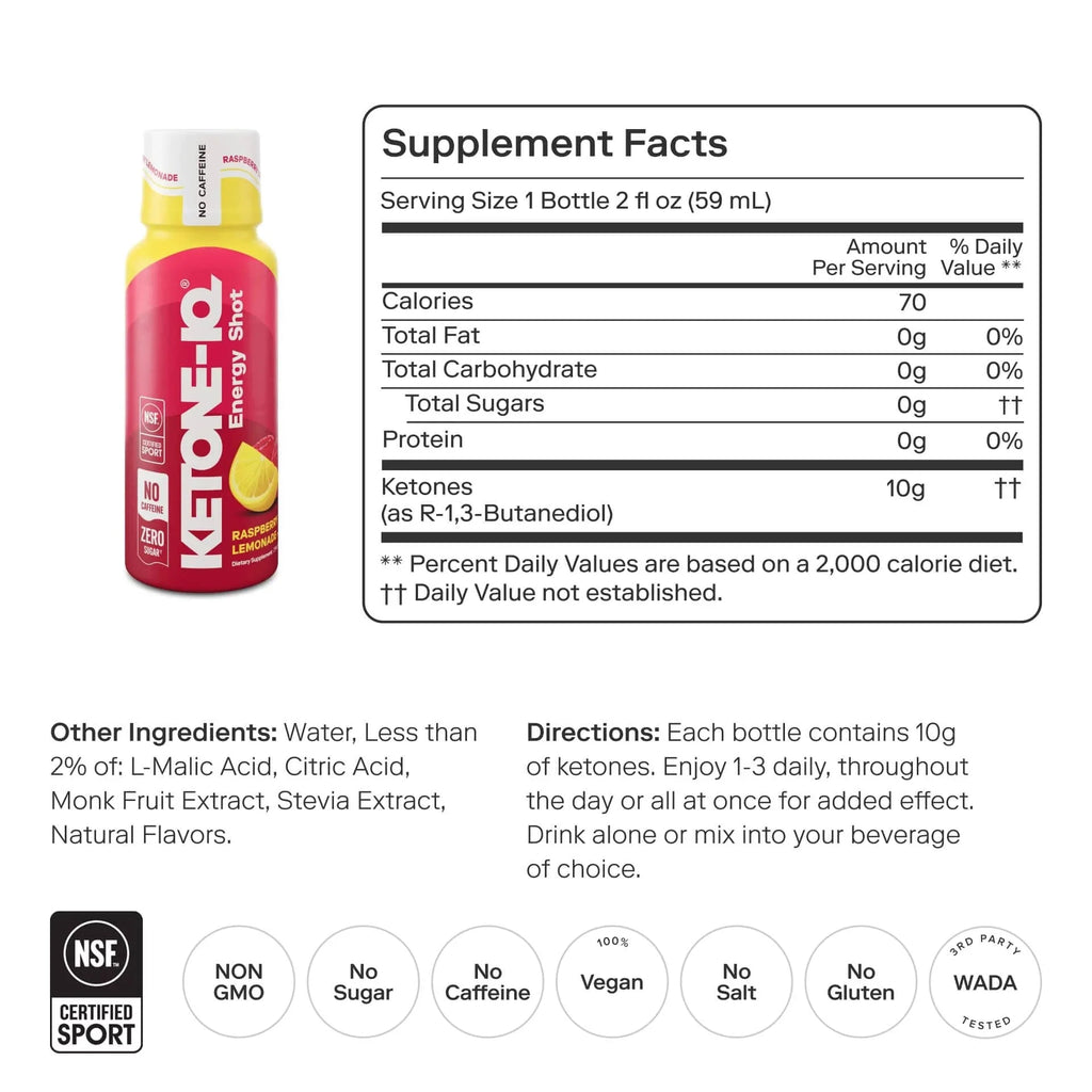 Ketone-IQ - Energy Shot - Raspberry Lemonade - Caffeine Free - 59ml x 6 by HVMN with keto ingredients and nutrition facts.