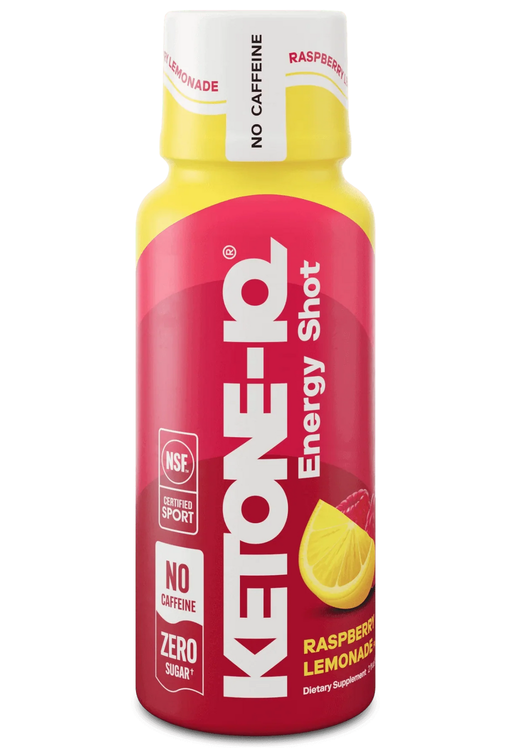 Ketone-IQ - Energy Shot - Raspberry Lemonade - Caffeine Free - 59ml x 6 by HVMN in bright red and yellow bottle