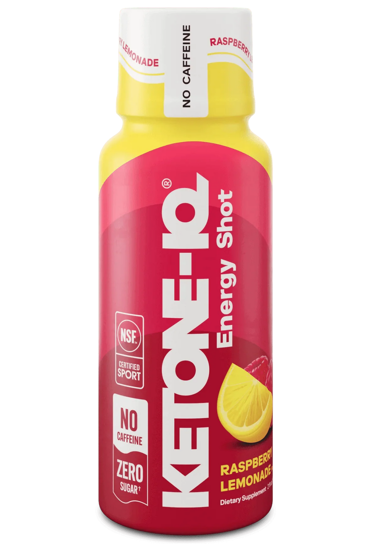 Ketone-IQ - Energy Shot - Raspberry Lemonade - Caffeine Free - 59ml x 6 by HVMN in bright red and yellow bottle