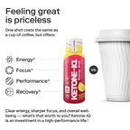 Bottle of Ketone-IQ - Energy Shot - Raspberry Lemonade - Caffeine Free - 59ml x 6 shown next to a coffee cup for comparison