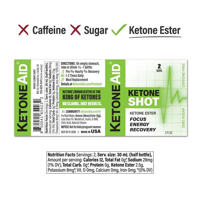 Ketone Shot 60ml label by Ketoneaid showing caffeine-free, zero sugar ketone ester for focus, energy, and recovery.