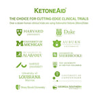 Ketone Shot 60ml x 12 by Ketoneaid showcasing endorsements from top universities backing clinical trials.
