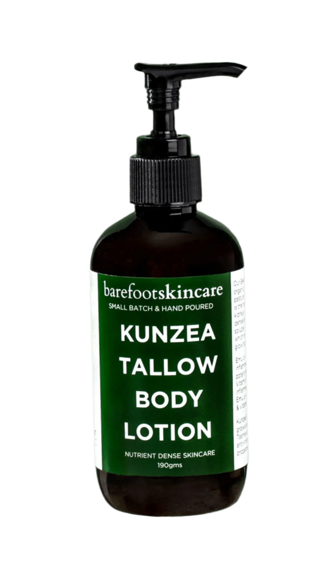 Kunzea Tallow Body Lotion - 190ml by Barefoot Skincare Co in dark bottle with green and white product label and black pump dispenser