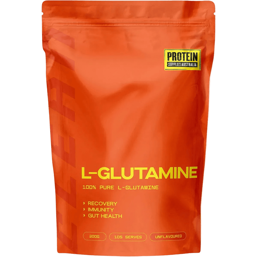 L-Glutamine - Pure - 200g by Protein Supplies Australia in orange packaging for recovery and gut health