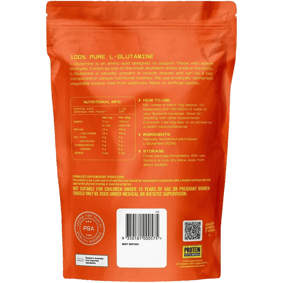 L-Glutamine - Pure - 200g by Protein Supplies Australia with nutritional info, usage, and storage details on packaging.