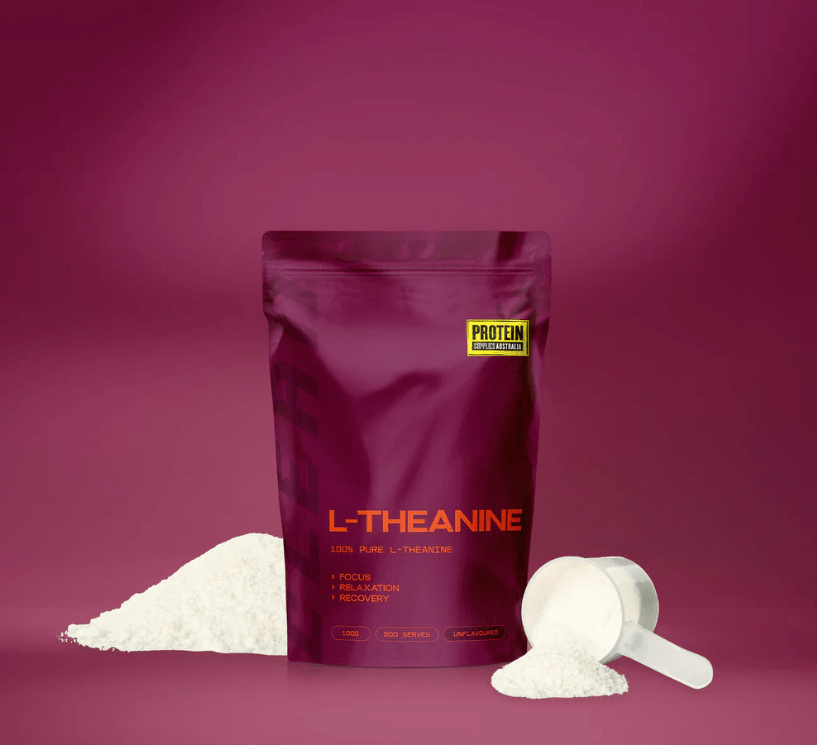 L-Theanine - 100% Pure - 100g powder by Protein Supplies Australia with scoop, for focus and relaxation