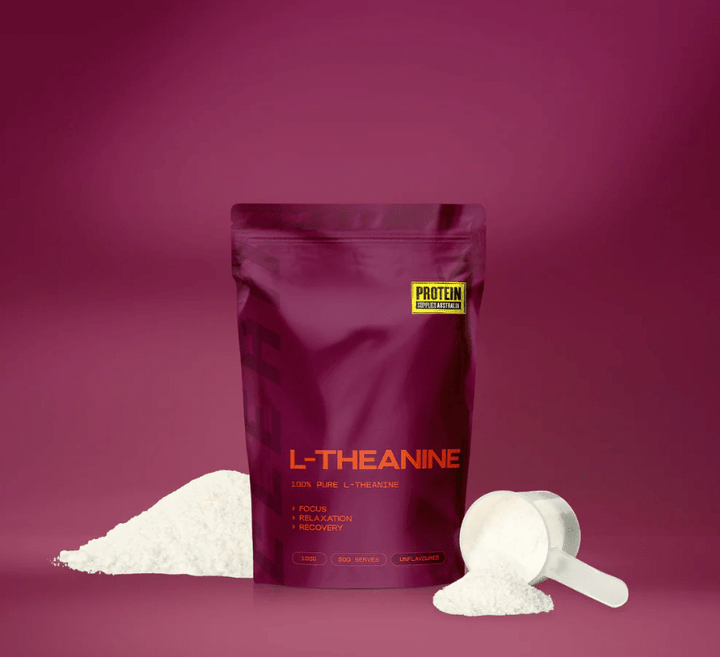 L-Theanine - 100% Pure - 100g powder by Protein Supplies Australia with scoop, for focus and relaxation