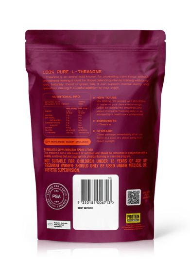 Back of L-Theanine - 100% Pure - 100g pouch by Protein Supplies Australia showing nutritional info and usage instructions