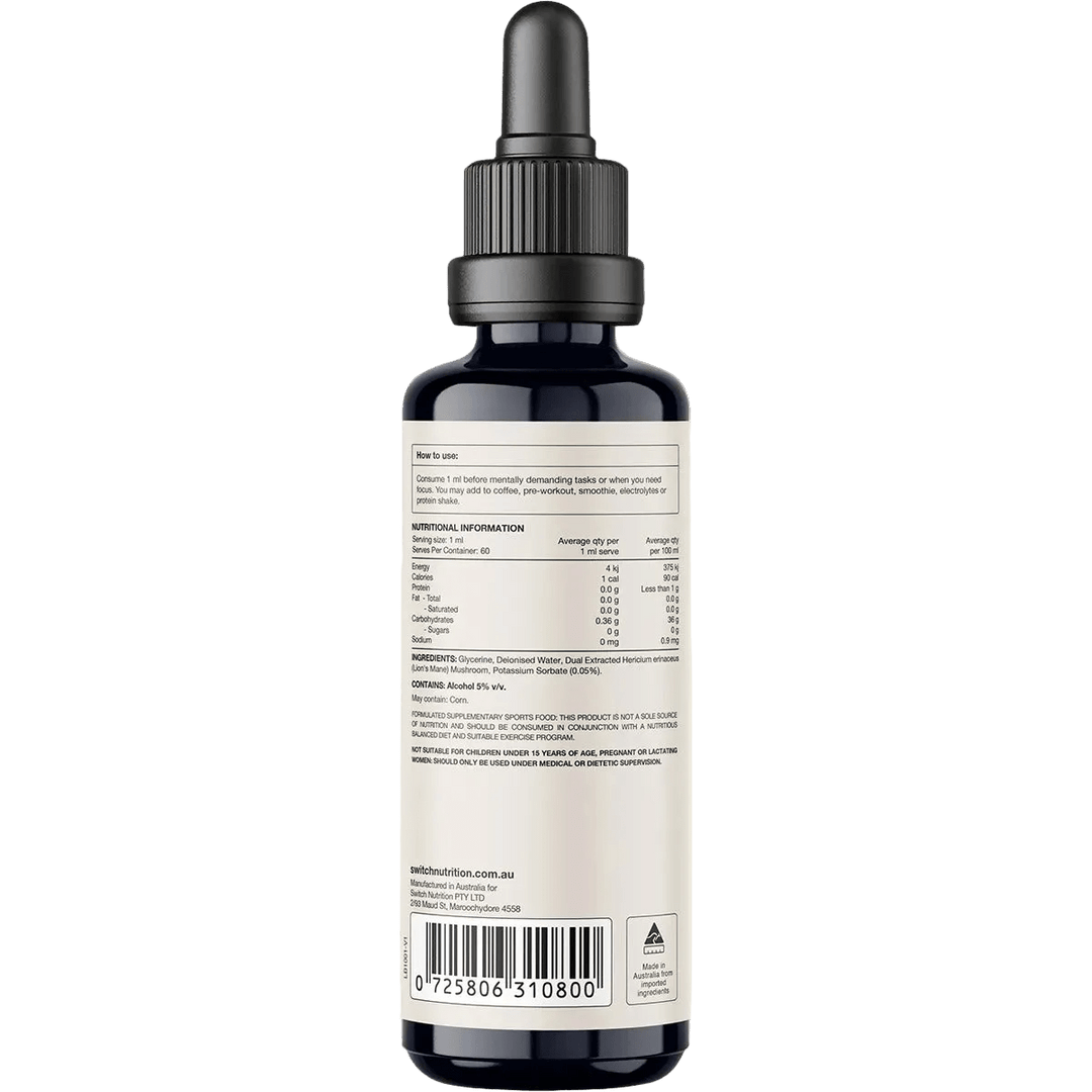 Back of the Lion's Mane Double Strength 2:1 Mushroom Liquid Extract - 60ml by Switch Nutrition showing detailed nutritional facts, ingredients, usage instructions, and certification marks ideal for keto and low carb lifestyles.