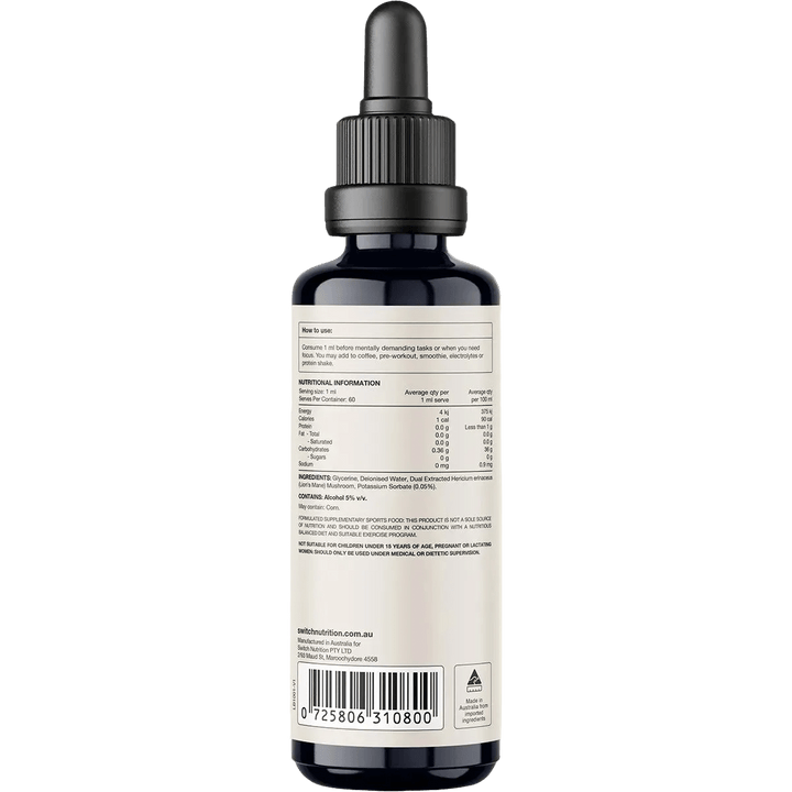 Back of the Lion's Mane Double Strength 2:1 Mushroom Liquid Extract - 60ml by Switch Nutrition showing detailed nutritional facts, ingredients, usage instructions, and certification marks ideal for keto and low carb lifestyles.
