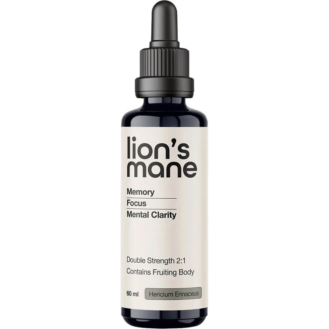 Bottle of Lion's Mane Double Strength 2:1 Mushroom Liquid Extract - 60ml by Switch Nutrition, promoting memory, focus, and mental clarity.