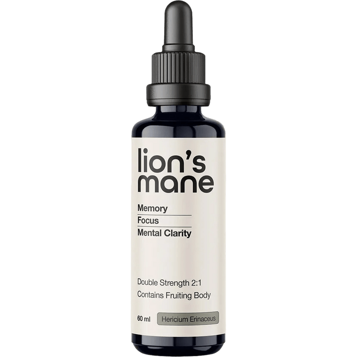 Bottle of Lion's Mane Double Strength 2:1 Mushroom Liquid Extract - 60ml by Switch Nutrition, promoting memory, focus, and mental clarity.