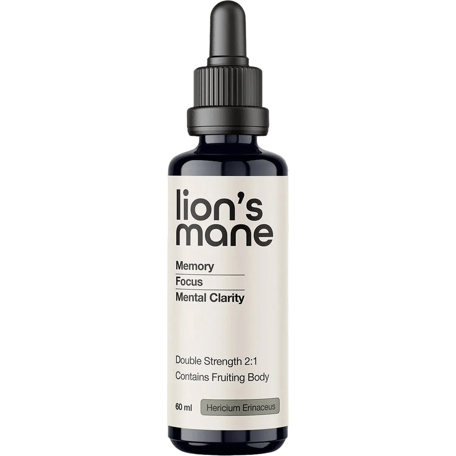 Bottle of Lion's Mane Double Strength 2:1 Mushroom Liquid Extract - 60ml by Switch Nutrition, promoting memory, focus, and mental clarity.