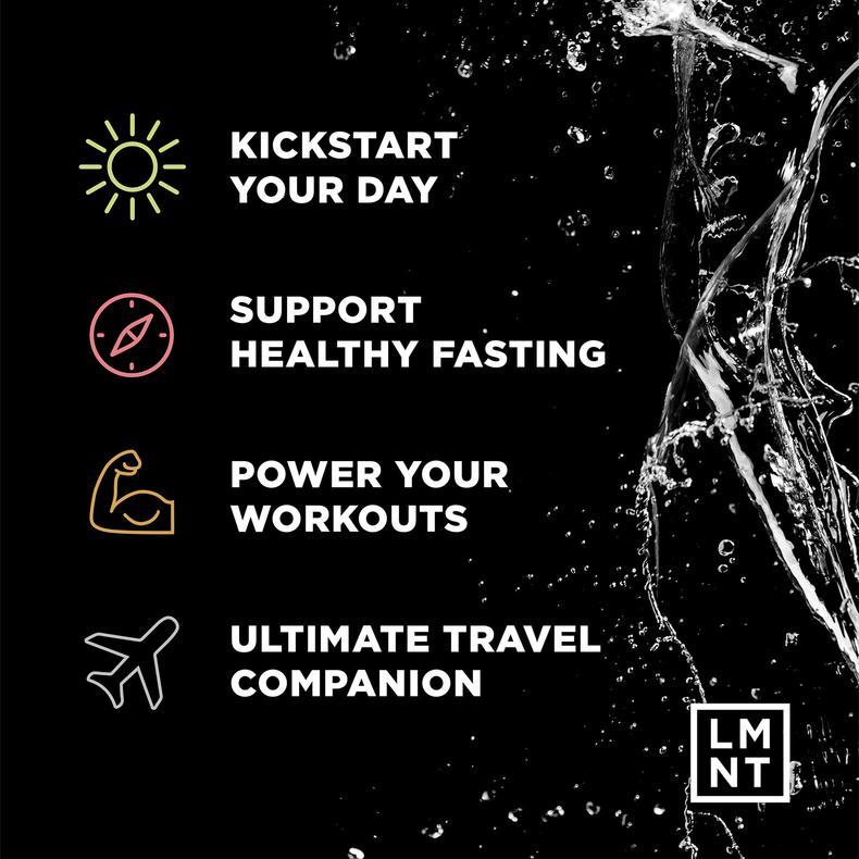 LMNT Big Fruity Pack - 30 Sticks by LMNT highlighting benefits to kickstart your day, support healthy fasting, power workouts, and travel companion.