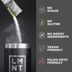 LMNT Big Fruity Pack - 30 Sticks by LMNT pouring powder into a black container with text highlighting no sugar, gluten, dodgy ingredients, vegan and paleo-keto friendly.