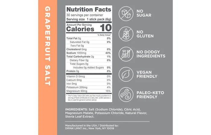 Nutritional information and ingredient details for LMNT Big Fruity Pack - 30 Sticks by LMNT, a keto-friendly low carb electrolyte drink mix.