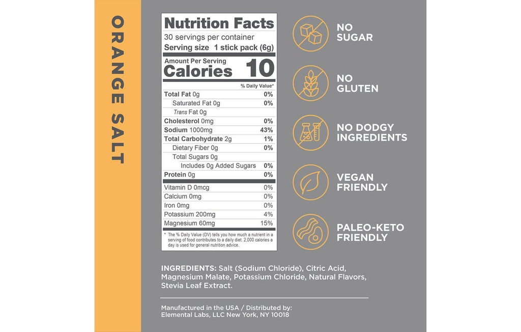 Nutrition facts panel for LMNT Big Variety Pack - 30 Sticks by LMNT showing 10 calories per serving with no sugar, gluten-free, vegan, and paleo-keto friendly features including orange salt flavor ingredients.