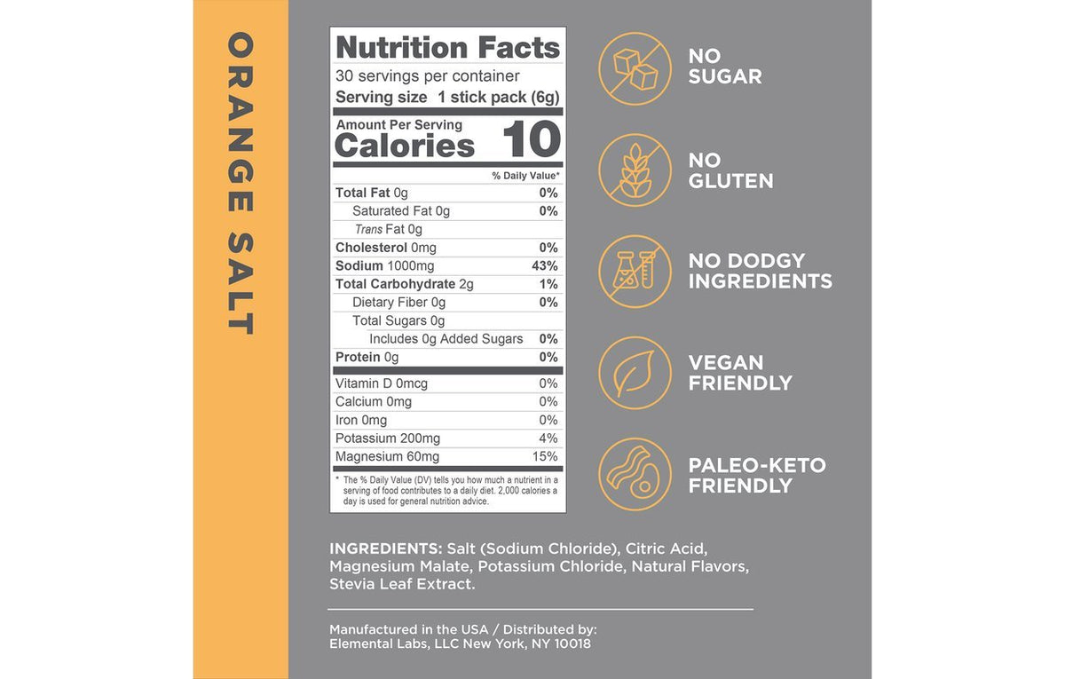 Nutrition facts panel for LMNT Big Variety Pack - 30 Sticks by LMNT showing 10 calories per serving with no sugar, gluten-free, vegan, and paleo-keto friendly features including orange salt flavor ingredients.