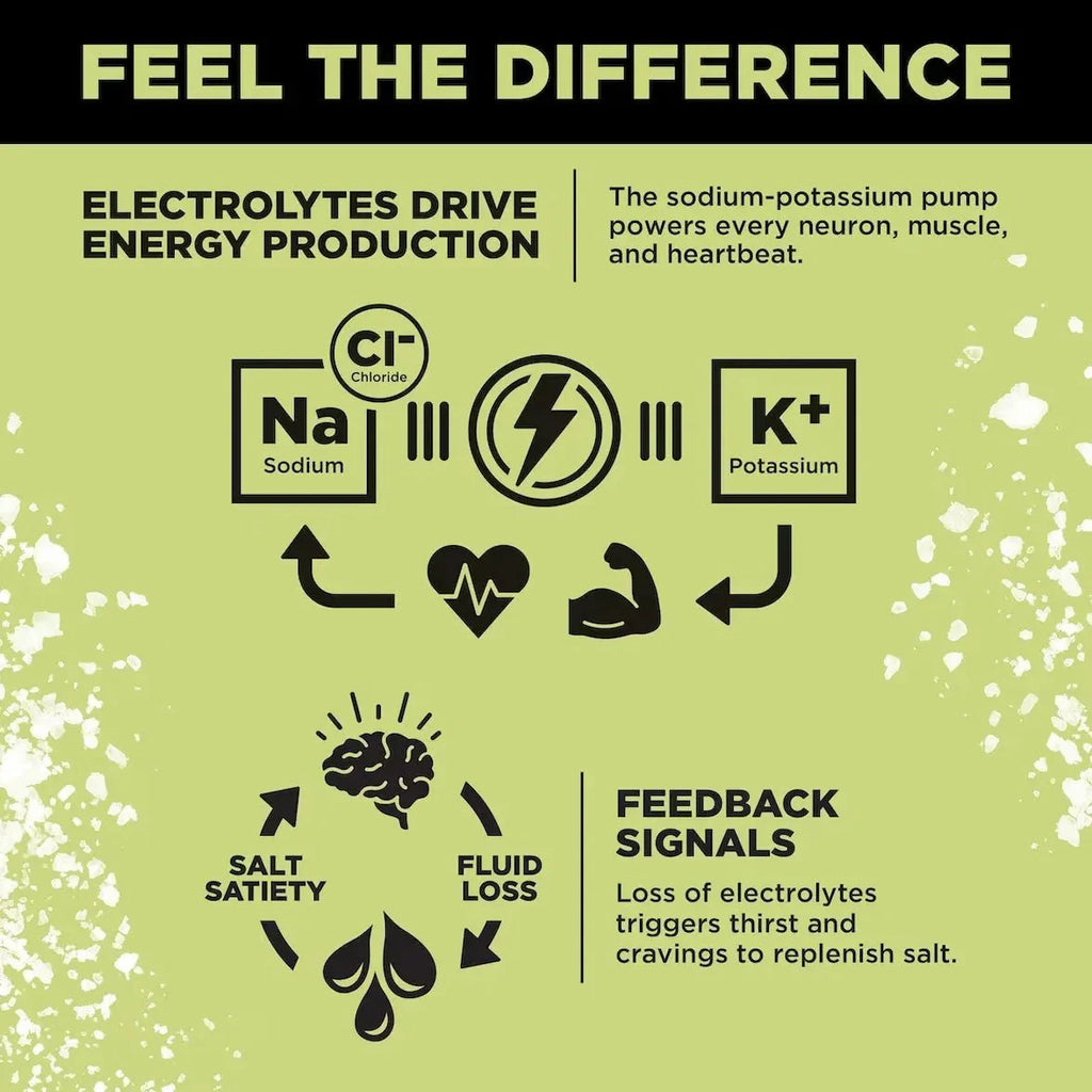Informational graphic explaining how electrolytes sodium, chloride, and potassium power energy production, muscle, and heart function, linked to salt cravings and fluid loss, for LMNT Citrus Salt Electrolyte Mix - 30 Sticks by LMNT.
