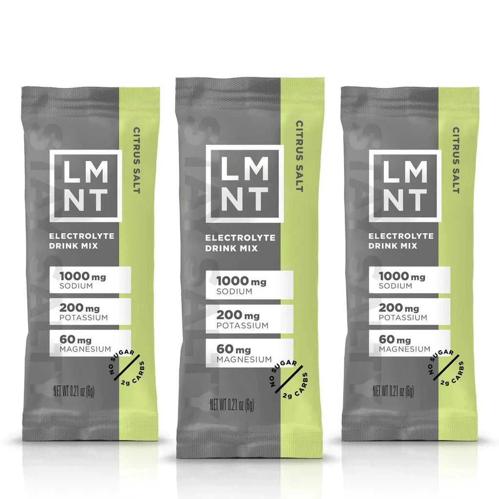 LMNT Citrus Salt Electrolyte Mix - 30 Sticks packets showing sodium, potassium, magnesium content and no sugar claims