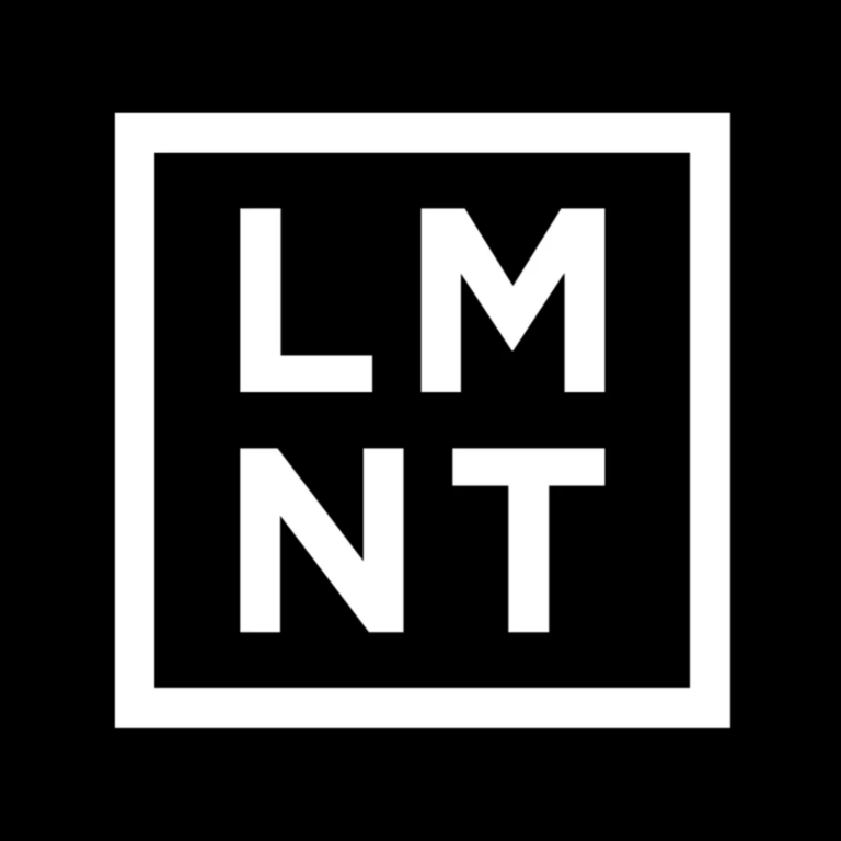 White LMNT logo in bold block letters inside a square border on black background