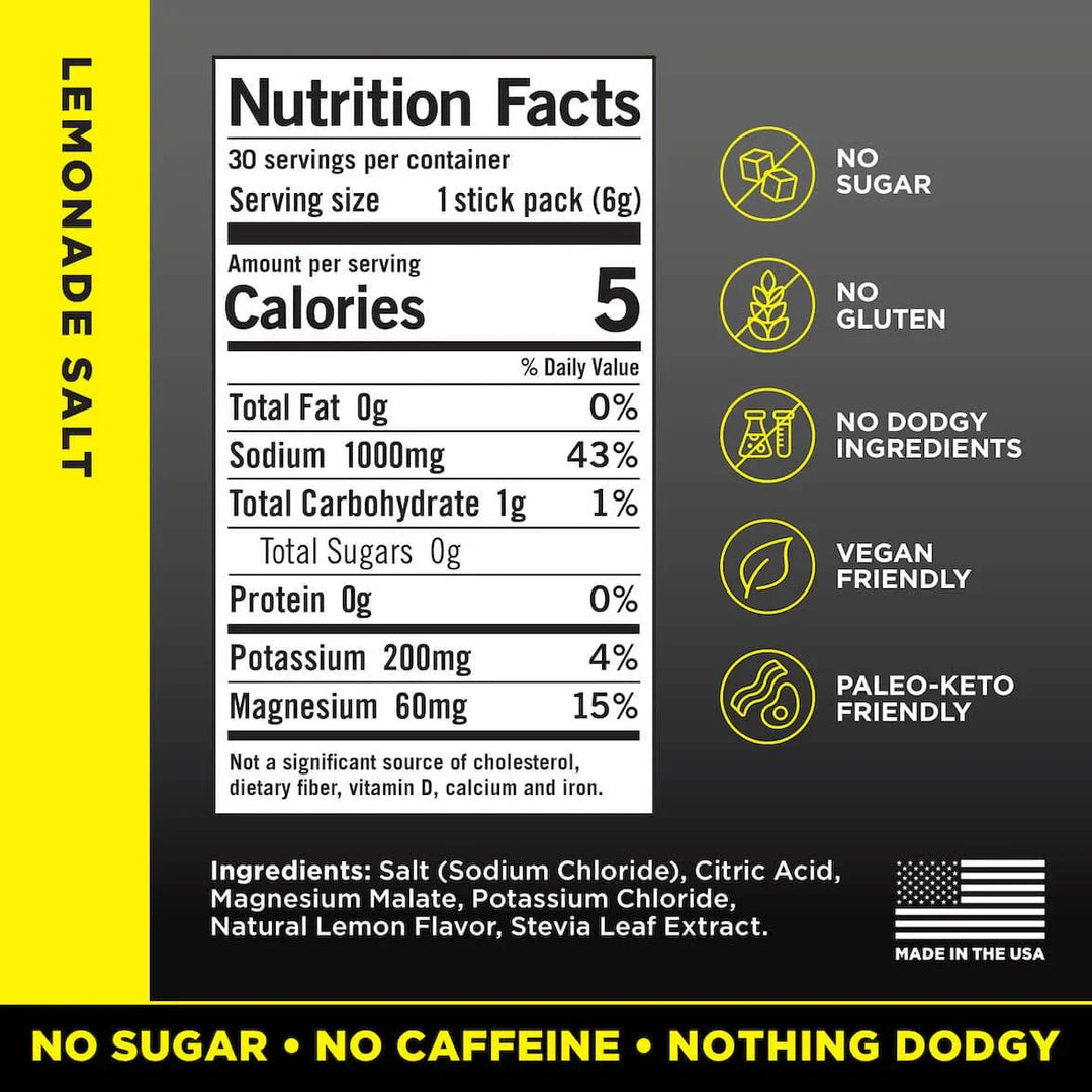 Nutrition facts label for LMNT Lemonade Salt Electrolyte Mix with ingredients and dietary benefits on gray background