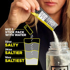 Person pouring LMNT Lemonade Salt Electrolyte Mix - 30 Sticks by LMNT into water bottle with instructions for mixing different salt intensities for keto hydration.