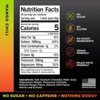 Nutrition facts for LMNT Mango Chilli Electrolyte Mix - 30 Sticks by LMNT showing calories, sodium, carbs, potassium, magnesium, and key ingredients with keto-friendly benefits.