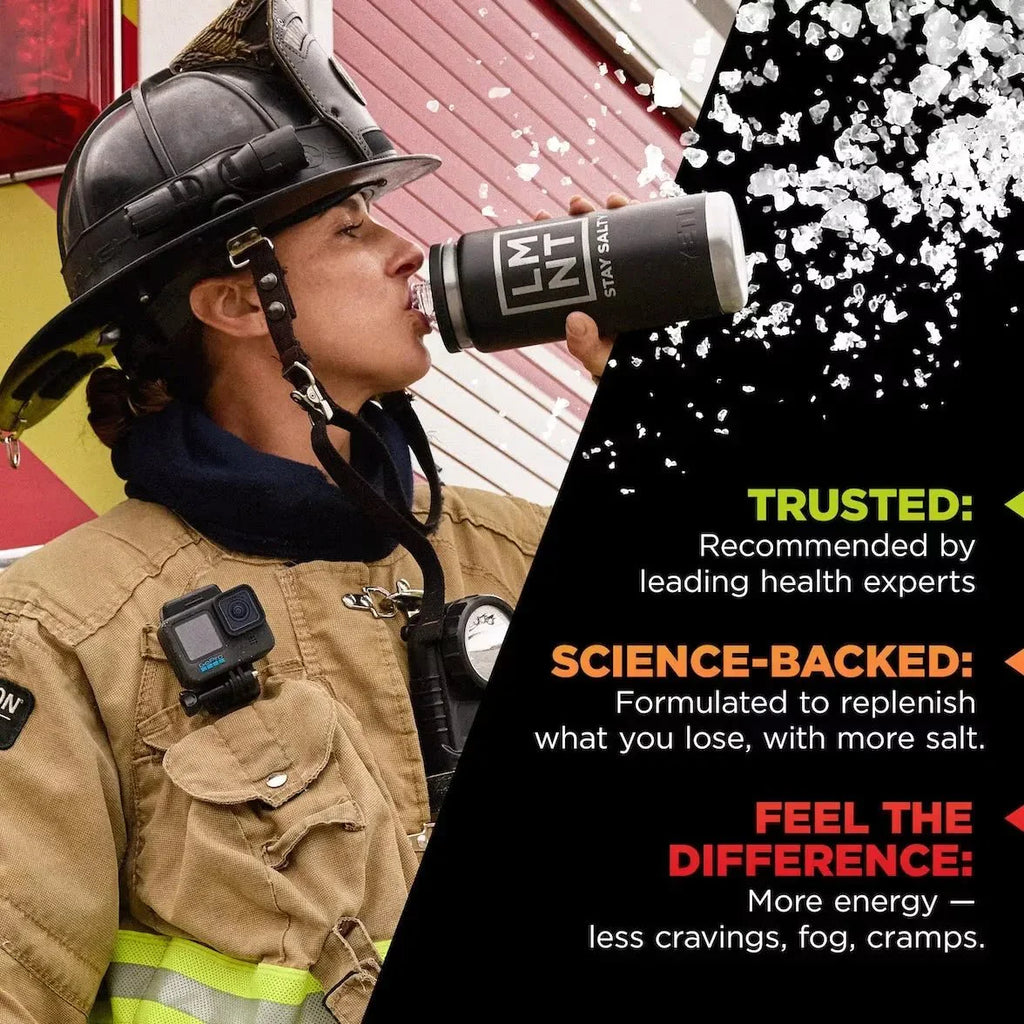Firefighter in full gear drinking from a container of LMNT Mango Chilli Electrolyte Mix - 30 Sticks by LMNT with text highlighting health expert recommendations and science-backed benefits.