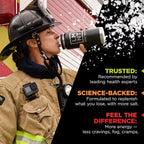 Firefighter in full gear drinking from a container of LMNT Mango Chilli Electrolyte Mix - 30 Sticks by LMNT with text highlighting health expert recommendations and science-backed benefits.