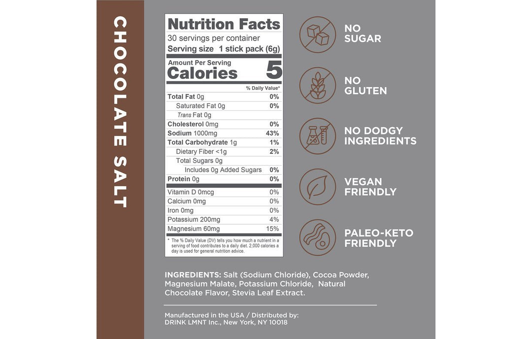 LMNT Chocolate Salt Electrolyte Mix - 30 Sticks nutrition panel showing low calorie, vegan, paleo-keto friendly, and no gluten or sugar.