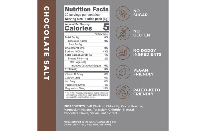 LMNT Chocolate Salt Electrolyte Mix - 30 Sticks nutrition panel showing low calorie, vegan, paleo-keto friendly, and no gluten or sugar.