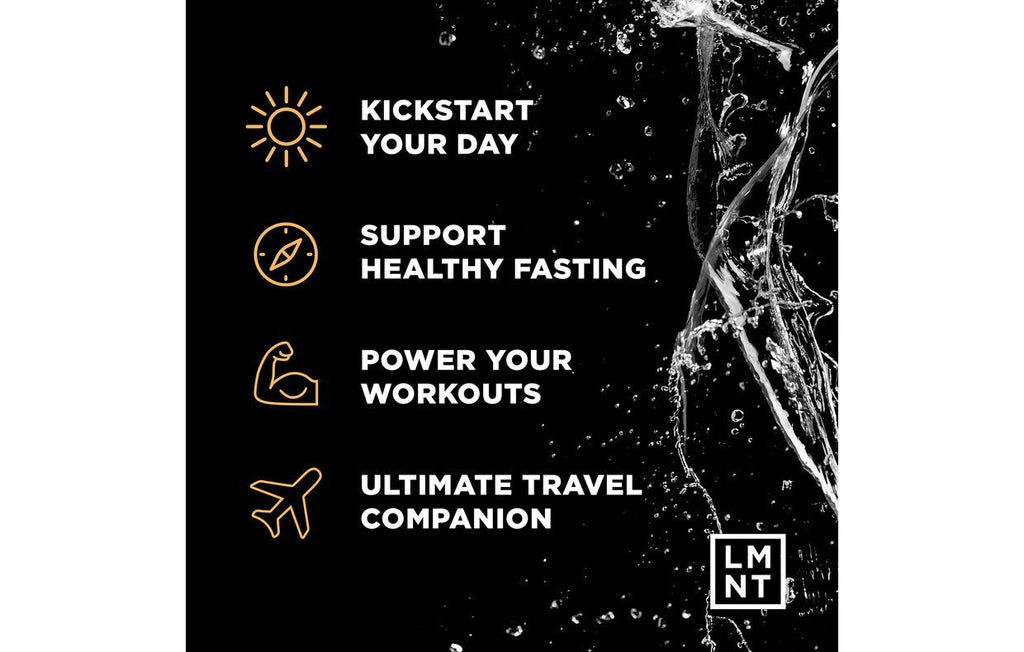 LMNT Orange Salt Electrolyte Mix - 30 Sticks benefits include workout power, fasting support, travel use, and day kickstart.