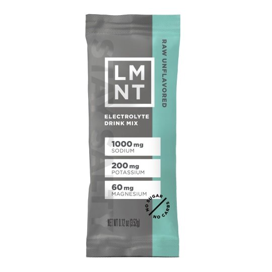 LMNT Single Stick electrolyte drink mix in raw unflavored form with sodium, potassium, magnesium content and no sugar.