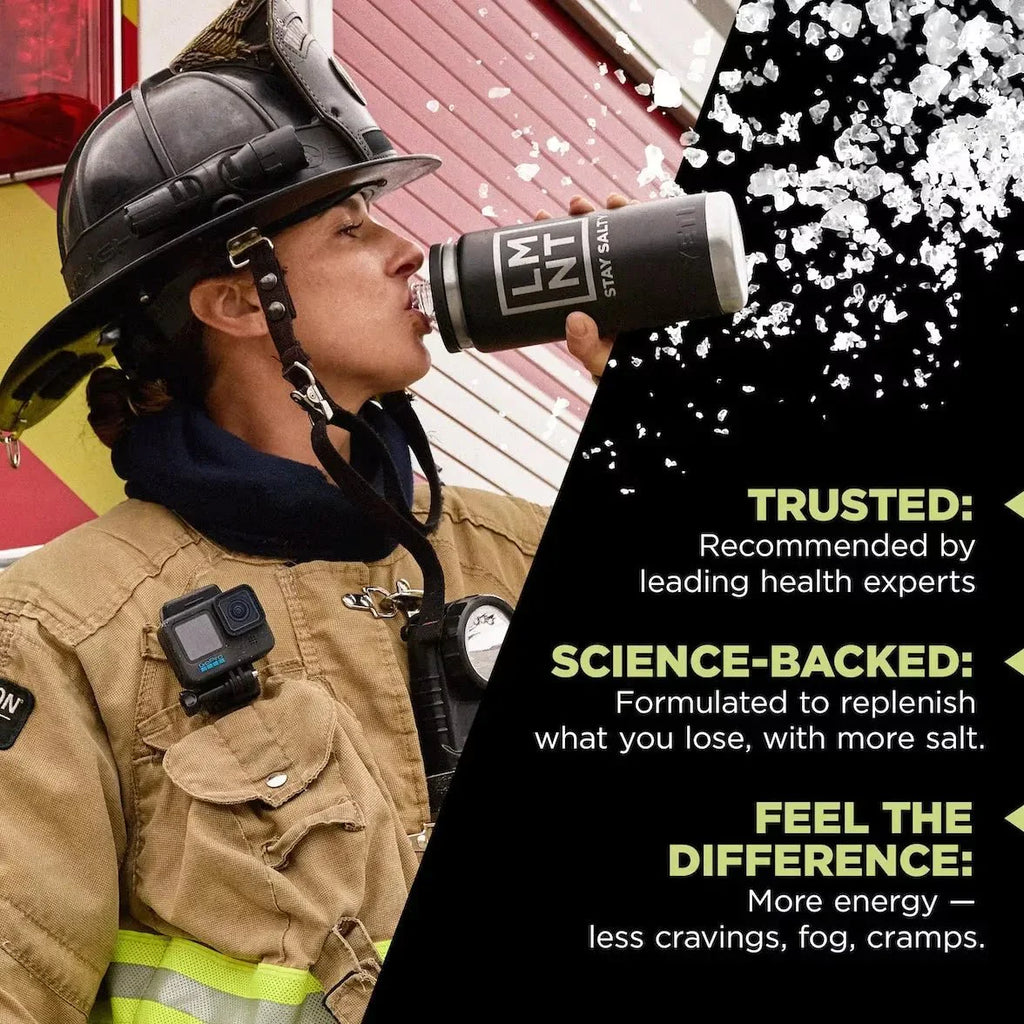 LMNT Variety Pack - 12 Sticks by LMNT shown with a firefighter drinking from a branded bottle, highlighting electrolyte benefits for energy, hydration, and recovery.
