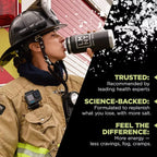 LMNT Variety Pack - 12 Sticks by LMNT shown with a firefighter drinking from a branded bottle, highlighting electrolyte benefits for energy, hydration, and recovery.