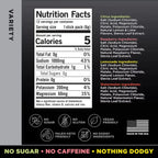 Nutrition facts label for LMNT Variety Pack - 12 Sticks by LMNT showing calories, sodium, potassium, magnesium content, and ingredient list for citrus, raspberry, lemonade, and watermelon flavors with keto-friendly and vegan-friendly icons.
