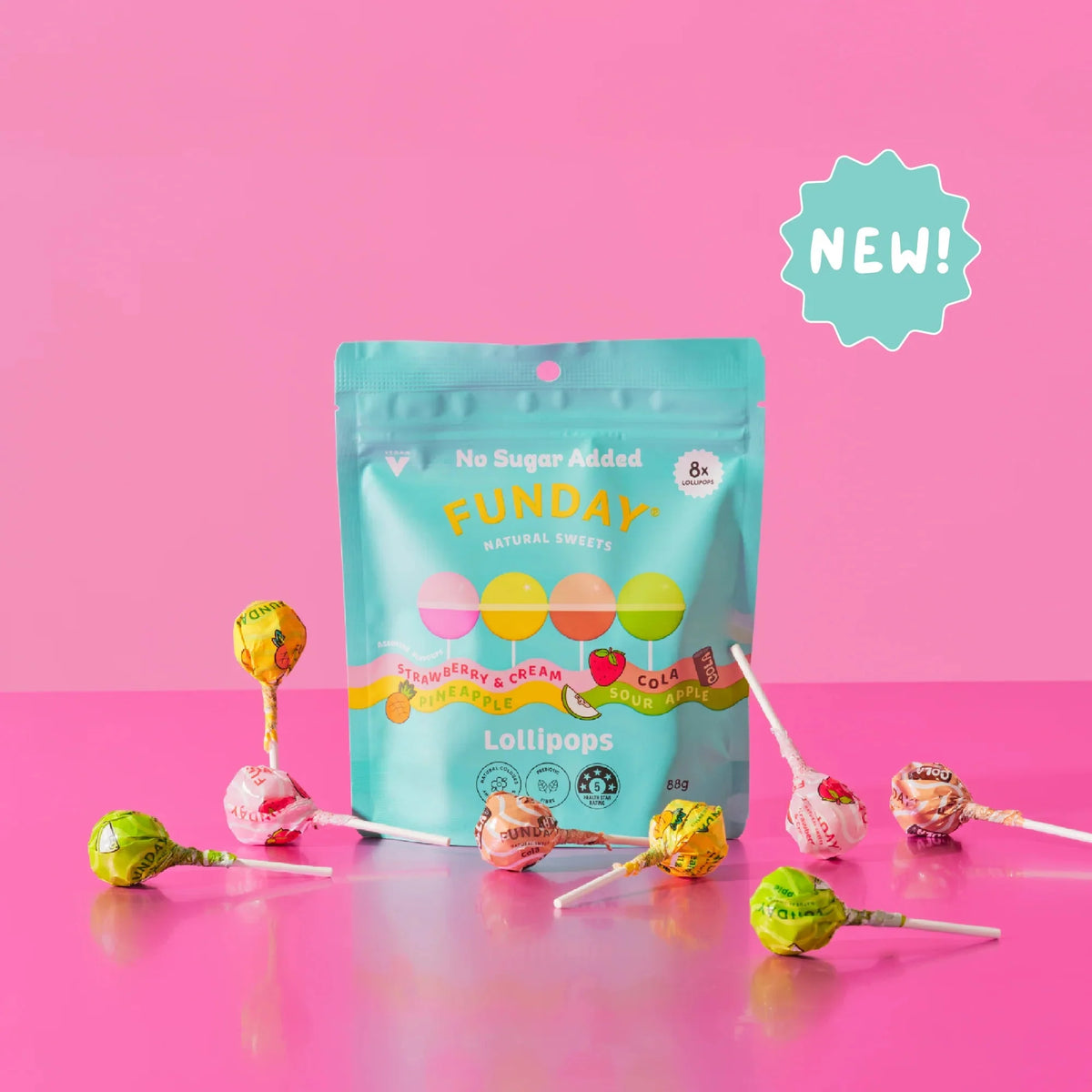 Lollipops - Share Bag - 88g by Funday in colorful resealable pouch with assorted low carb, gluten free lollies on pink background