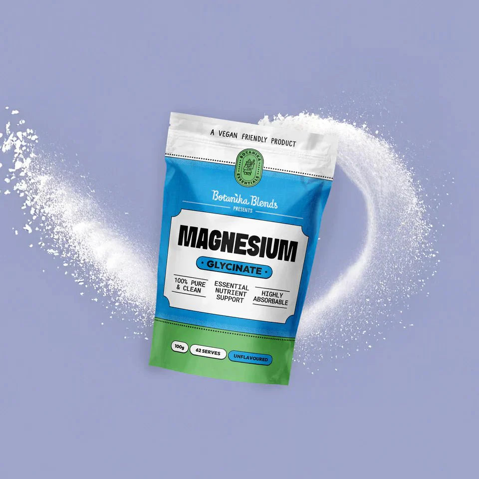 Botanika Blends Magnesium Glycinate - 100g pouch with powder spread on light purple background, New Arrivals collection.