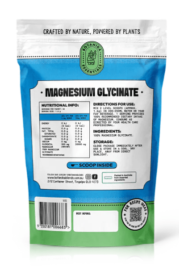 Back view of Botanika Blends Magnesium Glycinate - 100g pouch showing nutritional info and usage, in New Arrivals collection.