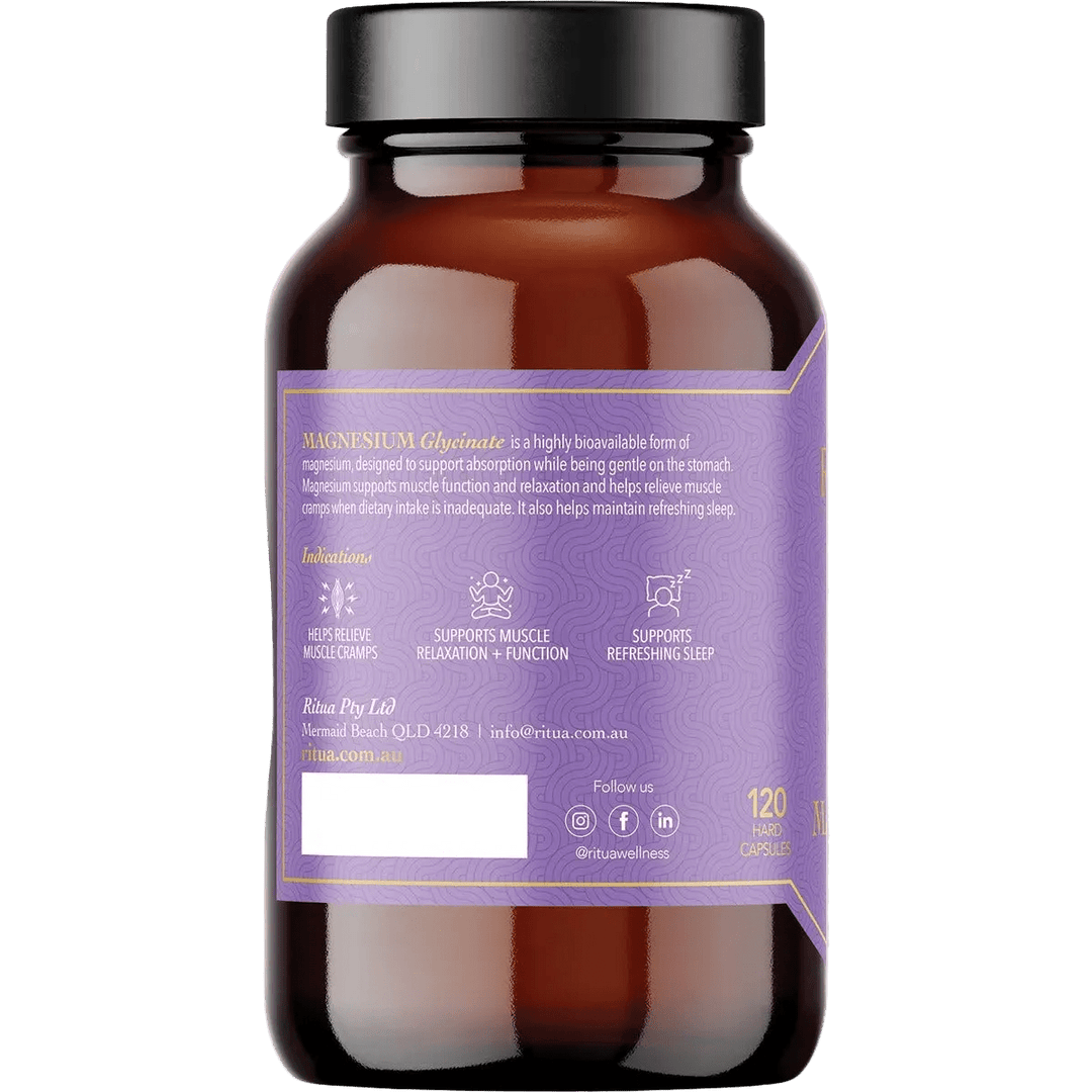Brown bottle of Magnesium Glycinate - 120 Capsules by Ritua with purple label showing usage benefits and contact info